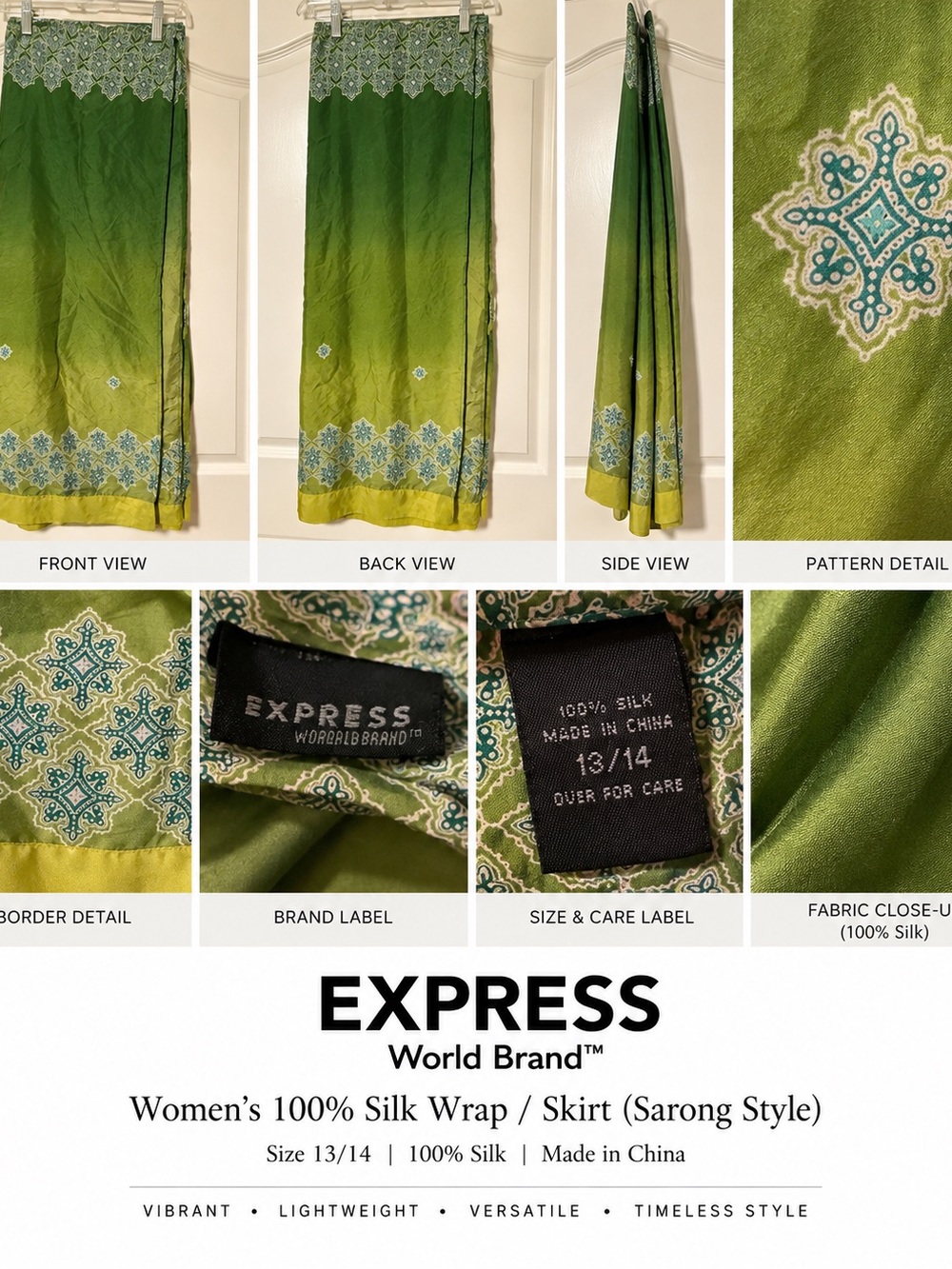 Express Green Silk Wrap Skirt with Blue-Cream Border Sequins, Vintage